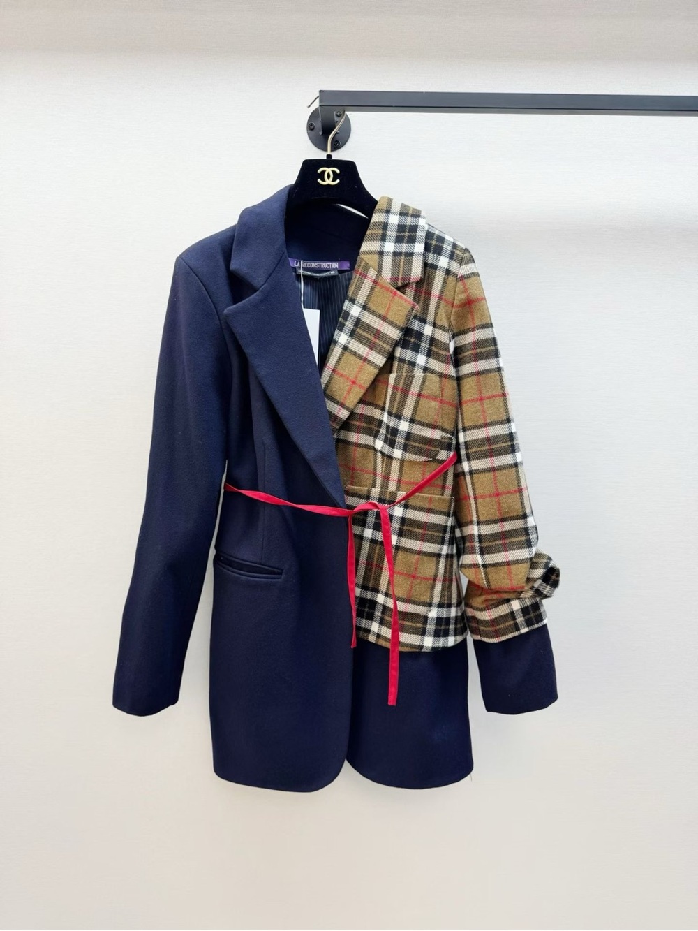 Jacquemus Navy & Tan Plaid Mixed Blazer with Red Tie